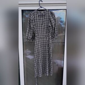 a new day Womens S Black White Plaid Cross Wrap Front 3/4 Sleeve Dress